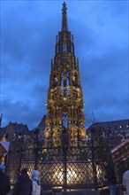 Beautiful fountain in the evening, copy, original in Germ, museum, main market, Nuremberg, Middle