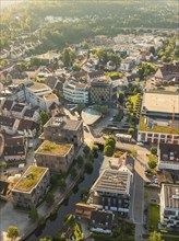 Town view with mixed old and modern buildings, river and many green areas, Nagold, Black Forest,