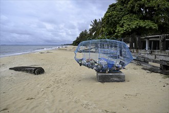 Container for washed up plastic waste on the beach, Libréville, Estuaire province, Gabon, Africa