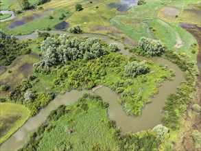 Aerial photograph, top down view of the Radolfzeller Aachried with the Radolfzeller Aach at high