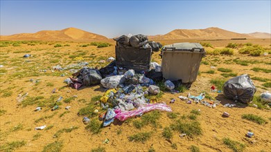 Scattered rubbish, environmental sins, near a green oasis in the Rub al Khali desert, Dhofar