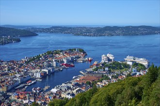 Panoramic view of a coastal town with harbour and a variety of buildings, surrounded by mountains