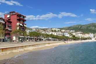 Turquoise blue sea at town beach of Himare, Albanian Riviera, Albania, Europe