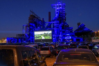 Drive-in cinema Dortmund, against the backdrop of the former blast furnace plant Phönix-West in