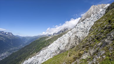 Mountain landscape with glacier Glacier des Bossons and summit of the Aiguille du Midi, Chamonix,