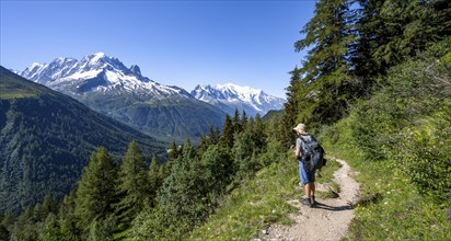 Mountaineer on hiking trail, mountain panorama with glaciated mountain peaks, Aiguille Verte with