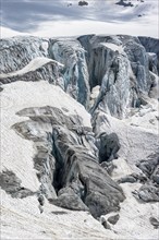 Glacier ice with crevasses, Glacier du Tour, high alpine mountain landscape, Chamonix,