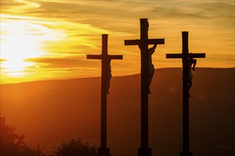 Sunset, crucifixion group, three crosses on the Kreuzberg in the Rhön, Kreuzberg near Bischofsheim,