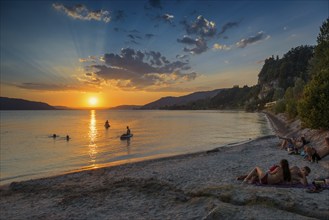 Bathing area and beach, sunset, near Überlingen, Lake Constance, Baden-Württemberg, Germany, Europe