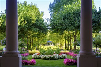 Spa hotel, fountain temple, spa gardens, Bad Bocklet, Biedermeier spa, Rhön, Lower Franconia,