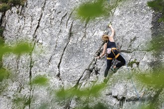 A woman climbs a route on the Spitzsteinwand in Erl, 14.07.2024