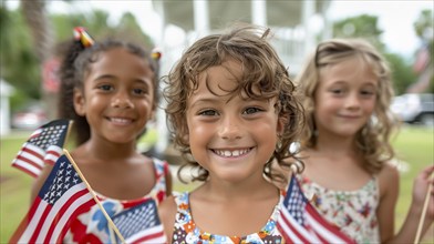 Cute children celebrating the american holiday with friends and family at the park. generatvie AI,