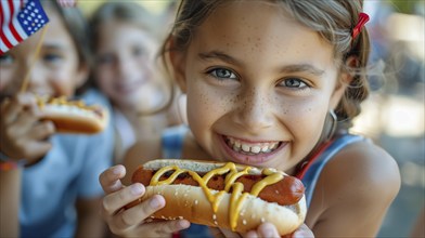 Cute girls celebrating with friends and family outdoors with hot dogs. generatvie AI, AI generated