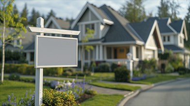 Blank real estate sign ready for your message in front of house. generative AI, AI generated