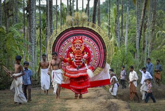 Colourful Theyyam being led through betel nut plantation, near Kasargod, North Kerala, Kerala,