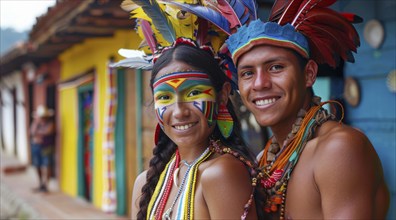 Smiling native indigenous people of Colombia and South America, dressed in colorful native clothes,