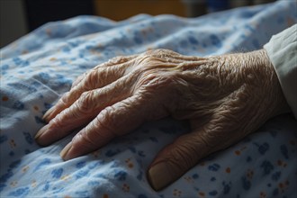 Close up of old person's hand in bed in hospital or retirement home. Generative AI, AI generated