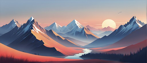 Minimalist landscape with stylized mountains and a setting sun, represented by simple geometric