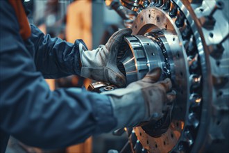 Person working on windmill turbine part in factory. Generative Ai, AI generated