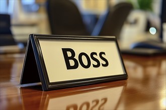 Desk sign with text 'Boss' on desk in office. Generative Ai, AI generated