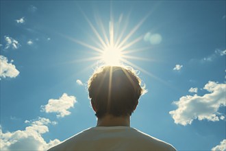 Back view of man with sun in blue sky. Generative Ai, AI generated