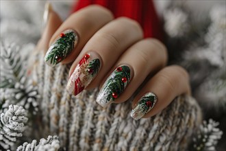 Woman's fingernails with red, green and white colored nail polish with seasonal Christmas design.