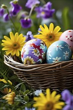 Vibrant-colored Easter eggs in a wicker basket, surrounded by delicate spring flowers, AI generated