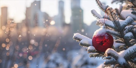 Beautiful Christmas banner with single red bauble ornament on snow covered tree and blurry