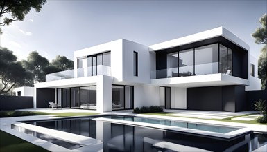 Rendering of a modern real estate residential house in clean geometric forms in black and white, AI