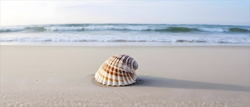 Isolated seashell resting on a smooth, empty beach, with soft waves gently approaching the