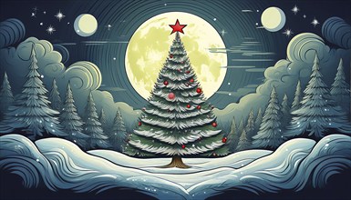 Illustration of a Christmas tree in a snowy landscape on a starry night with a full moon,