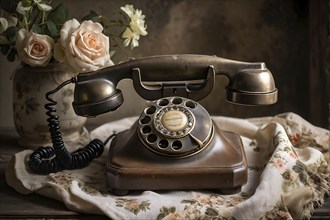 Old rotary phone sitting on a retro floral-patterned tablecloth, AI generated