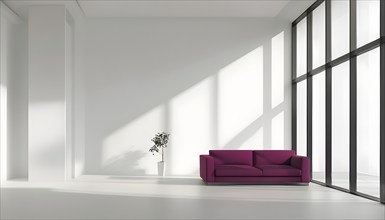 Minimalist living room with clean lines and neutral tones, featuring a modern magenta colored sofa,