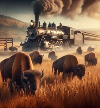 A herd of bison grazes in the American prairie along the track of a railway with a steam