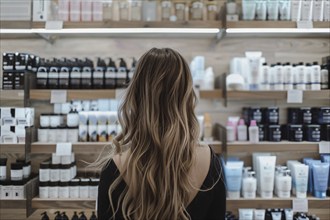 Young woman standing in front of shelves with cosmetic and makeup products in store. KI generiert,