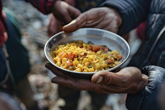 Close up of person's hand holding plate with food at charity food distribution. KI generiert,