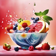 AI generated surreal food art blending a vibrant fruit bowl seamlessly integrating digital elements