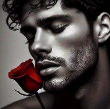 A young man, dreamy, with a red rose, symbolic image romantic, romance, dreaming, love, in love,