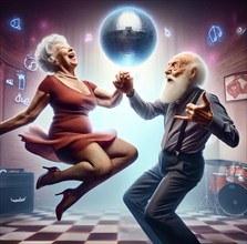 Two senior citizens, an old man and an old woman, dance in a disco to lively music, AI generated,