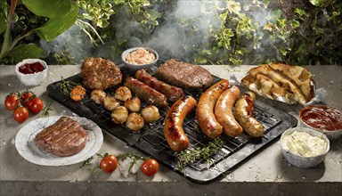 Food, barbecue, barbecue in the garden, meat and sausages on the barbecue, AI generated, AI