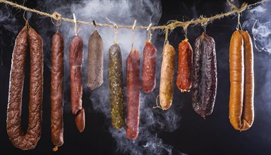 Food, various smoked sausages hanging on a string next to each other in the smoker, AI generated,