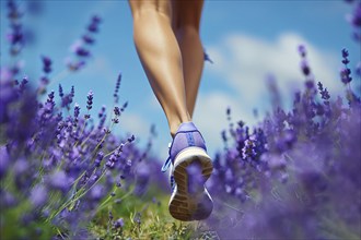 Back view of woman's legs with sport shoes jogging in through field of purple lavender flowers. KI