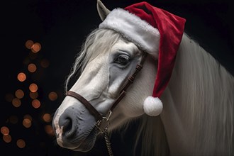 White horse with red Christmas Santa hat. KI generiert, generiert, AI generated