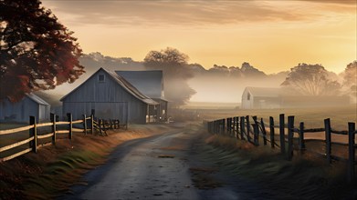 Sunrise with fog in a rural village in autumn, AI generated