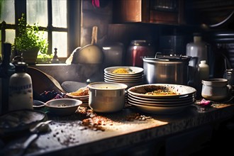 Kitchen scene featuring a pile of dishes, AI generated