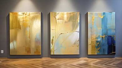 Trio of abstract hand painted oil paintings with vibrant color lines for wall decoration, AI