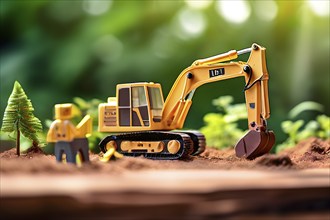 Vintage wooden excavator toy with a playful design in front of blurred background, AI generated