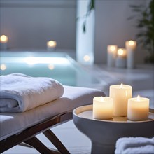 Wellness concept with bathroom spa setting with fluffy towel and candlelight, AI generated