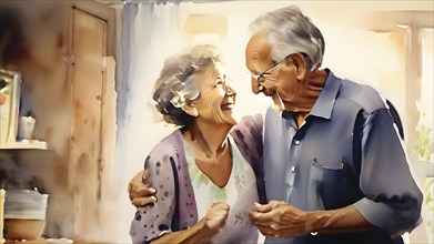 Watercolor illustration of a joyful elderly couple, AI generated