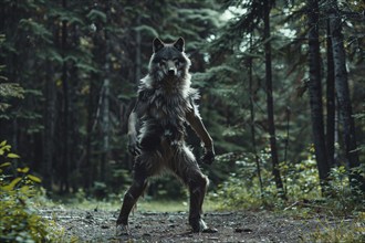 Scary werewolf creature standing on two legs in forest. Generative Ai, AI generated